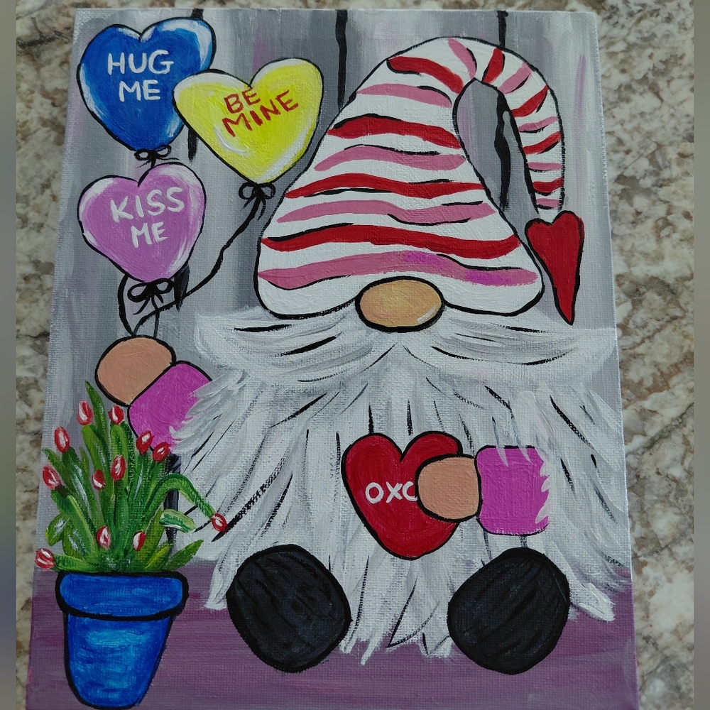 Valentine's Gnome Canvas Art with Heart Balloons  8x10
